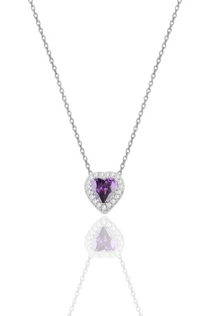 Silberne Rhodium- und Amethyststein-Diamant-Modell-Herz-Halskette SGTL11806 - 2