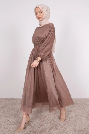 Silbernes lachsfarbenes Hijab-Abendkleid mit Taillengürtel, silbernes Abendkleid - 2