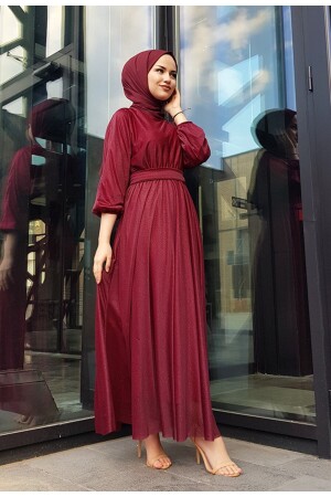 Silbriges burgunderrotes Hijab-Abendkleid mit Taillengürtel - 3