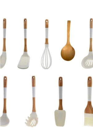 Silikon Bambu 9 Parça Spatula Servis Kaşık Kepçe Kevgir Çırpıcı Fırça Bambu Kaşık Takımı Seti - 1