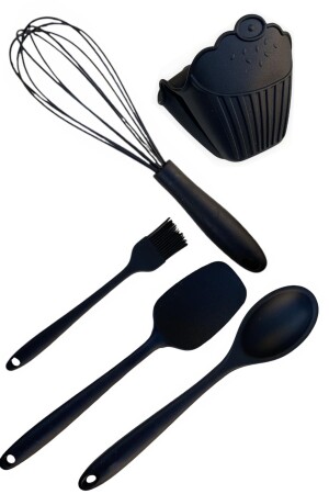 Silikon Yanmaz Yapışmaz Çırpıcı Spatula Fırça Kaşık Tutacak Takımı Seti 5S - 5