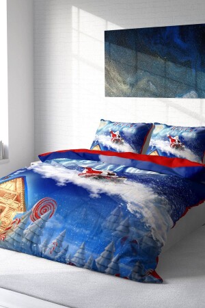 Silvester-Bettbezug-Set (mit elastischen Laken), Doppelbett, 100 % Baumwollsatin, blauer Schnee, MONOHOME41199 - 3