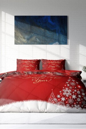 Silvester-Bettbezug-Set (mit elastischen Laken), Doppelbett, 100 % Baumwollsatin, Rot, NY MONOHOME41359 - 4