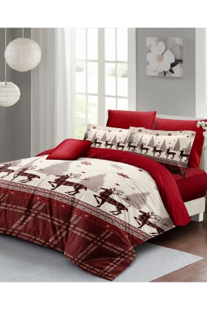 Silvester-Bettbezug-Set (mit elastischen Laken), Doppelbett, 100 % Baumwollsatin, rote Hirsche, MONOHOME40987 - 1