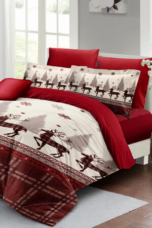 Silvester-Bettbezug-Set (mit elastischen Laken), Doppelbett, 100 % Baumwollsatin, rote Hirsche, MONOHOME40987 - 3