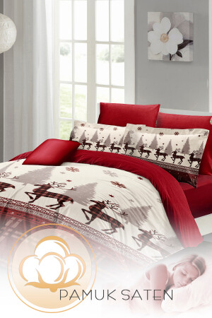 Silvester-Bettbezug-Set (mit elastischen Laken), Doppelbett, 100 % Baumwollsatin, rote Hirsche, MONOHOME40987 - 6