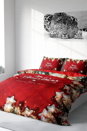 Silvester-Bettbezug-Set (mit elastischen Laken), Doppelbett, 100 % Baumwollsatin, rote Sterne, MONOHOME41373 - 3