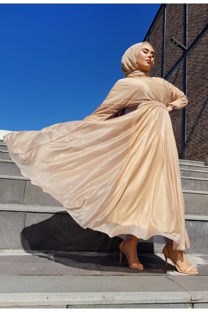 Simli Belden Kuşaklı Somon Tesettür Abiye Elbise simli abye - MY DREAM