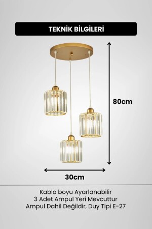 Simora Model Gold Renk Kaplama Kristal Taşlı Metal Gövde Modern Estetik Tavan Üçlü Sarkıt Avize - 3