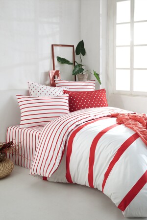 Simple Line Kırmızı %100 Pamuk Ranforce Tek Kişilik Nevresim Takımı 160x220. CTNTSL16 - Cote Blanc