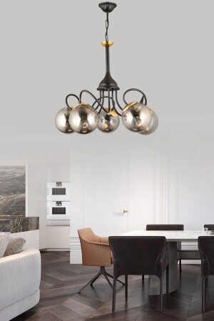 MNZ-Lightning Black 5 Piece Smoked Globe Glass Downward Facing Modern Luxury Candlelier 1728 - KARDELEN AYDINLATMA AVİZE