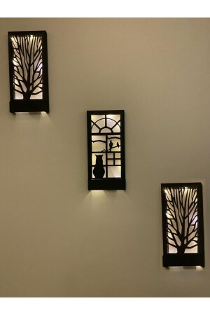 Siyah 3 Lü Set Pillerdahil Peri Ledli Ahşap Işıklı Tablo Ev Hediyesi Hol Antre Gece Lamba Duvar Süsü - Msağwoods
