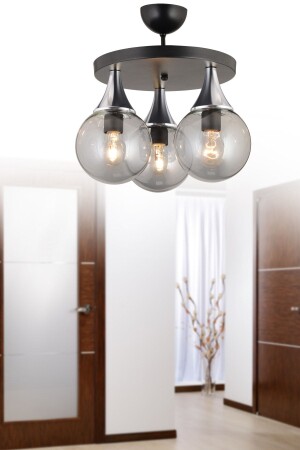 Siyah 3'lü Plafonyer Füme Glop Top Camlı Krom Lüks Avize AK00078 - Kraliçe