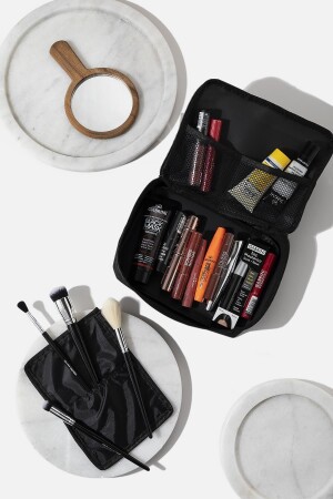 Siyah 4 Bölmeli Makyaj Çantası Kozmetik Makyaj Bavul Seti Bakım Seyahat Makyaj Kozmetik Organizer - 1
