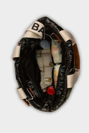 Siyah Baby Bag Kolonlu Nakışlı Puf Anne Bebek Çantası M000008049 - 4