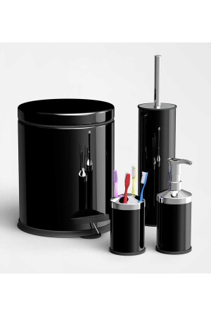 Siyah Çelik 4 Lü Set 3 Litre Pedallı Çöp Kovası Wc Klozet Fırça Sabunluk Diş Fırçalık Banyo Seti gorbanyo3lt1 - 2