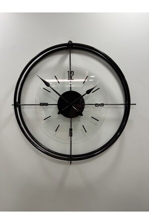 Siyah Çiftçember Camlı Seri - 60 Cm -(QAURTZ MEKANİZMALI) Modern Dekoratif Camlı Metal Duvar Saati - 2