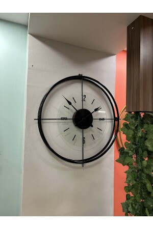 Siyah Çiftçember Camlı Seri - 60 Cm -(QAURTZ MEKANİZMALI) Modern Dekoratif Camlı Metal Duvar Saati - 6