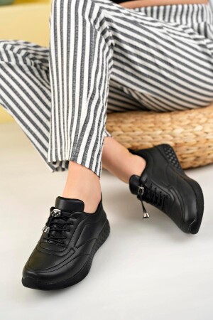 Siyah Cilt Streç Kadın Şık Günlük Rahat Ortopedik Pu Deri Kaymaz Taban Babet Ayakkabı - 1
