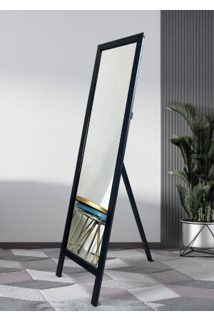 Siyah Doğal Ahşap Ayaklı Boy Aynası 145x40cm - 1