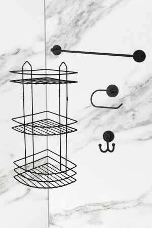 Siyah Dörtlü Banyo Duş Rafı - Uzun Havluluk - Bornoz Askısı - Tuvalet Kağıtlığı Banyo Seti - Ug Home