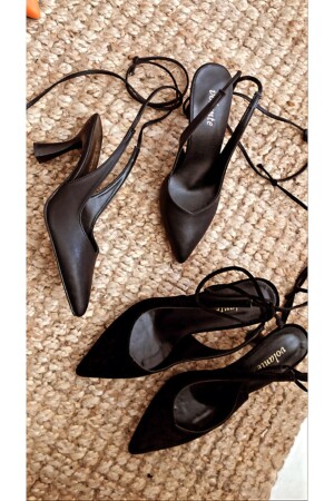 Siyah Kadın Bilekten Bağlamalı Kalasik Topuklu Ayakkabı - 3