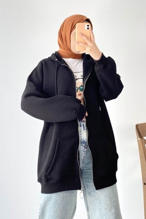 Siyah Kapüşonlu Fermuarlı Kalın Içi Polarlı Örme Sweatshirt - Netclass
