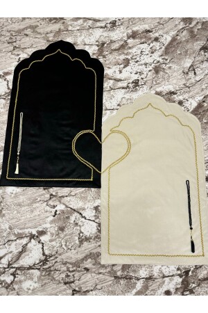 Siyah-krem Baskısız Sade Kalpli Çift Seccade 2 Adet Elyaflı Ve Astarlı -2adet Tesbih Hediyeli - Evince