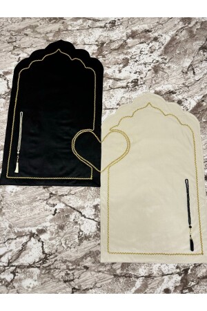 Siyah-krem Baskısız Sade Kalpli Çift Seccade 2 Adet Elyaflı Ve Astarlı -2adet Tesbih Hediyeli - Evince