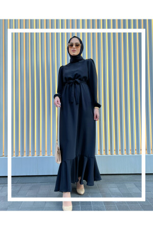 Siyah Krep Volenli Elbise - Demetaksoycollection