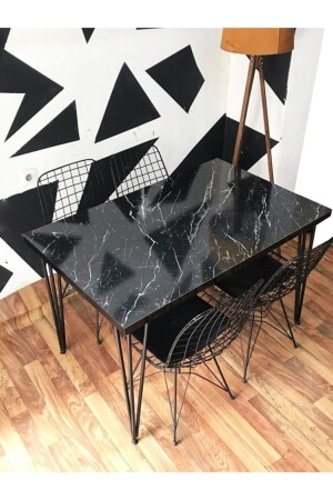 Siyah Mermer Desen Yemek Masası Mutfak Masası 4 Kişilik Tel Sandalyeli 120x60 - 1