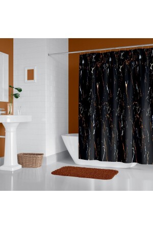 Siyah Mermer Desenli Banyo Perdesi, 180x200cm Duş Perdesi-tek Kanat Duş Perdesi-c Halka Hediyeli 8601 - 1