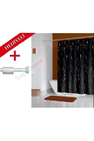 Siyah Mermer Desenli Banyo Perdesi- Askı Hediyeli 180x200cm Duş Perdesi-tek Kanat Duş Perdesi - 1