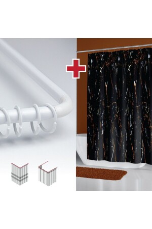 Siyah Mermer Desenli Banyo Perdesi Askı Hediyeli 180x200cm Tek Kanat Duş Perdesi- L Boru Hediyeli - 1