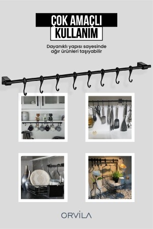 Siyah Metal Mutfak Ve Banyo Askısı Çok Amaçlı 8 Kancalı Askı Demiri Maxi 72 Cm dop6937329igo - 4