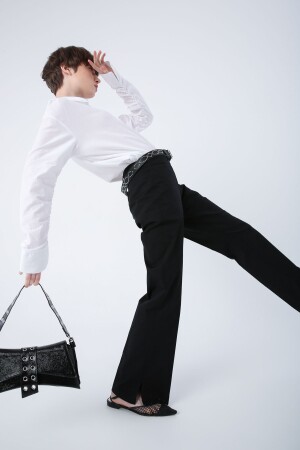 Siyah Pamuklu Ütü Izli Paçası Yırtmaçlı Likralı Bol Paça Pantolon - Allday