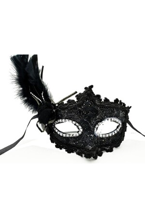 Siyah Renk Yandan Tüylü Dantel Parti Maskesi 20x20 Cm - 1