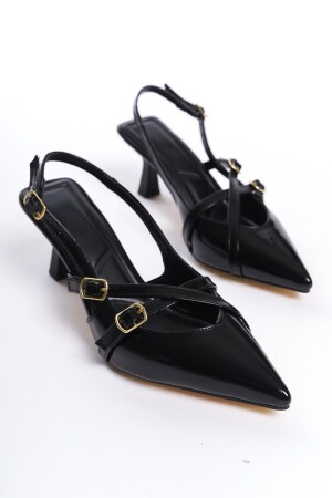 Siyah Rugan Sivri Burun Tokalı 5 cm Topuklu Ayakkabı - 2
