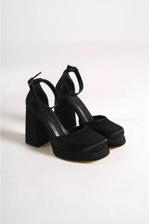 Siyah Saten Kadın Önü Kapalı Platform Topuklu Ayakkabı ve Çanta Hediyeli - 2