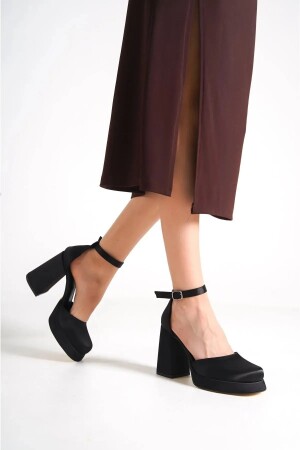 Siyah Saten Kadın Önü Kapalı Platform Topuklu Ayakkabı ve Çanta Hediyeli - 4