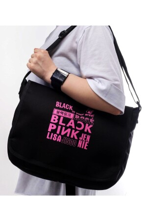 Siyah Unisex Pembe Black Pink Yazı Temalı Cırtlı Çapraz Çanta Postası Çantası BlackPink-PostaciMod - 2