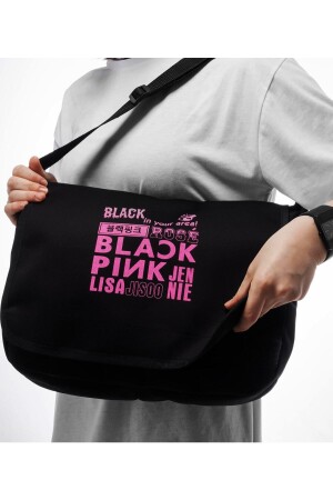 Siyah Unisex Pembe Black Pink Yazı Temalı Cırtlı Çapraz Çanta Postası Çantası BlackPink-PostaciMod - 3