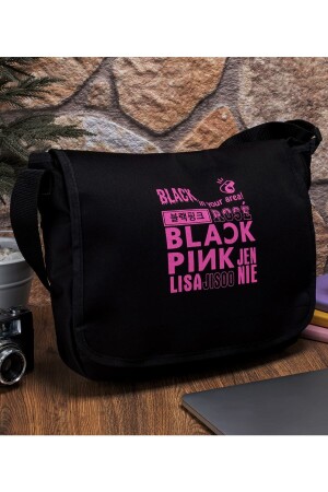 Siyah Unisex Pembe Black Pink Yazı Temalı Cırtlı Çapraz Çanta Postası Çantası BlackPink-PostaciMod - 4