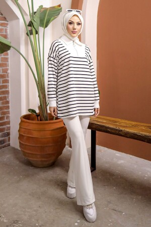 Siyah Yaka Fermuarlı Çizgili İki İplik Sweatshirt - İmajbutik