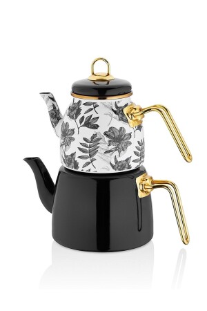 Siyah Yaprak Desenli Emaye Çaydanlık Takımı, Siyah Gold Saplı Emaye Çaydanlık Takımı dop14187384igo - PORLİSTAN