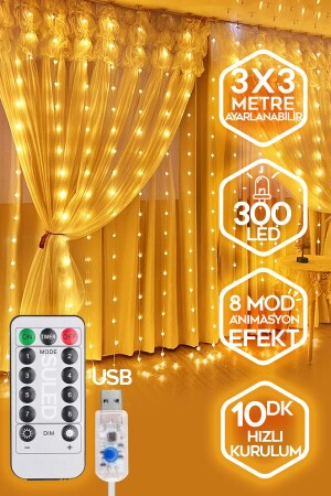 Sl-1034- 300 Ledli 10 Saçaklı Sarı Led Kumandalı 8 Modlu Perde Led Peri Mutfak Işık Dekoratif Lamba - 1