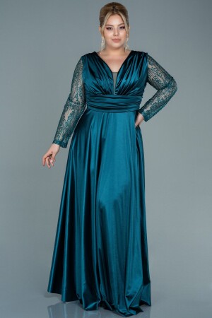 Smaragdgrünes Spitzen-Langarm-Satin-Abendkleid in Übergröße Abu2641 - 1