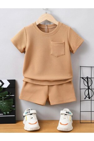 Sommer-Baby-Shorts-Set aus Baumwolle mit sichtbaren Taschen und detailliertem Waffelmuster, Braun - 1