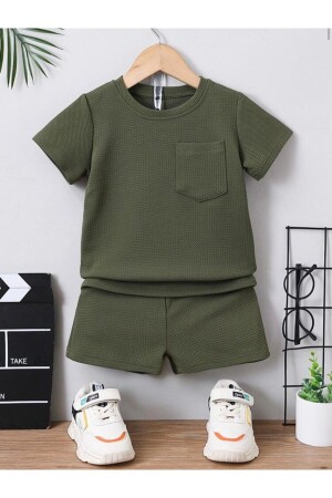 Sommer-Baby-Shorts-Set aus Baumwolle mit sichtbaren Taschen und detailliertem Waffelmuster, Grün - 1