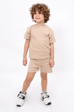 Sommer-Baby- und Kinder-Shorts-Set aus Baumwolle mit sichtbaren Taschen und Waffelmuster, Beige, Unisex - 1